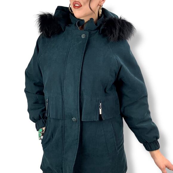 Vintage 90's deep cyan microsuede water repellant coat with fox fur trim hood - Picture 6 of 16